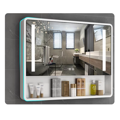 Tủ gương phòng tắm thông minh bằng gỗ nguyên khối gương phòng tắm hiện đại đơn giản treo tường có kệ làm mờ và đèn một mình gương lavabo đẹp tủ gương vệ sinh