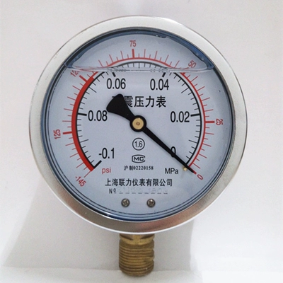 Thượng Hải Lianli địa chấn máy đo áp suất YN100 địa chấn áp suất nước chân không máy đo áp suất dầu thủy lực 0-1.6 -0.1-0MPA